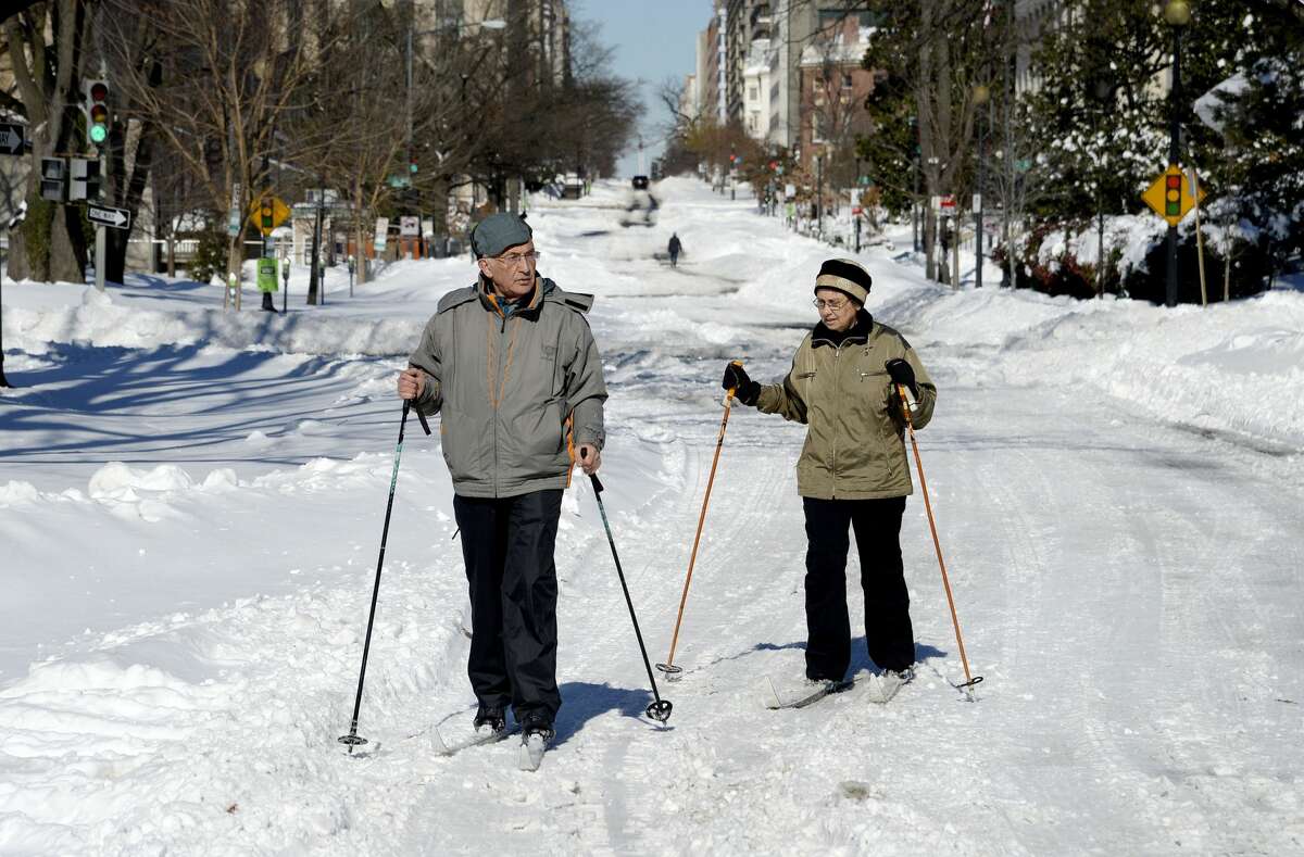 An older couple uses cross-country skis Jan. 24, 2016, in Washington.