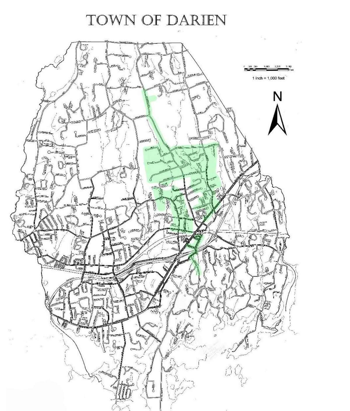 The areas highlighted in green will experience the dye testing conducted by the Department of Public Works.