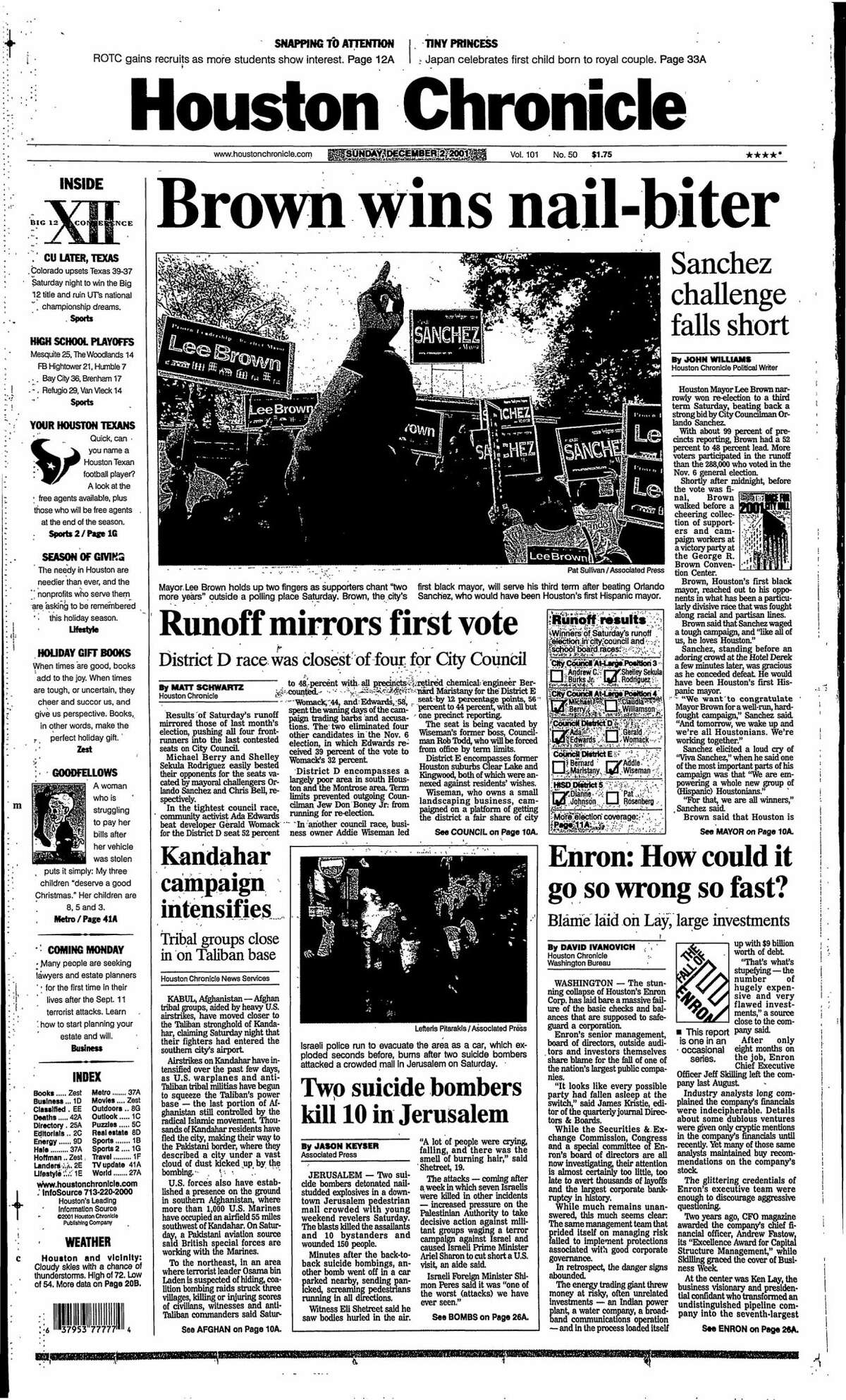 Houston Chronicle front page from Dec. 2, 2001.