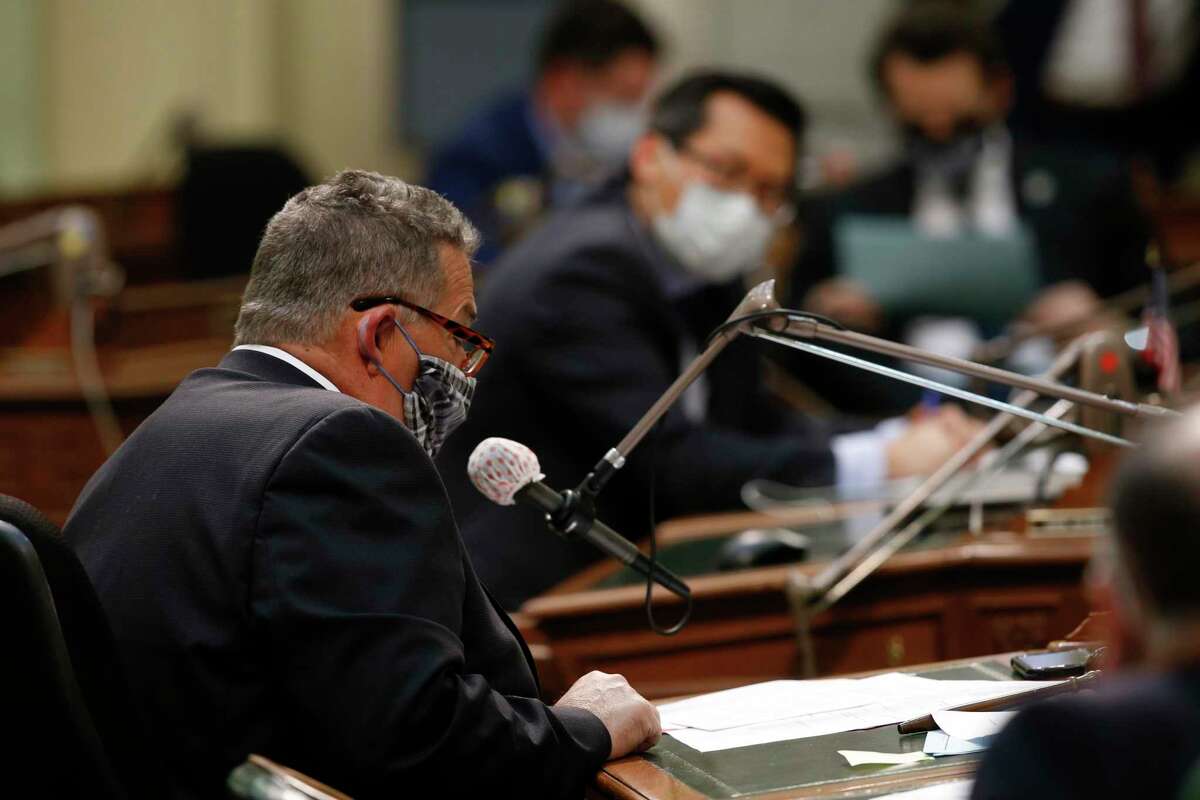 Assemblyman Jim Frazier, left, D-Fairfield, speaks during a Transportation Committee hearing in Sacramento on May 4, 2020.