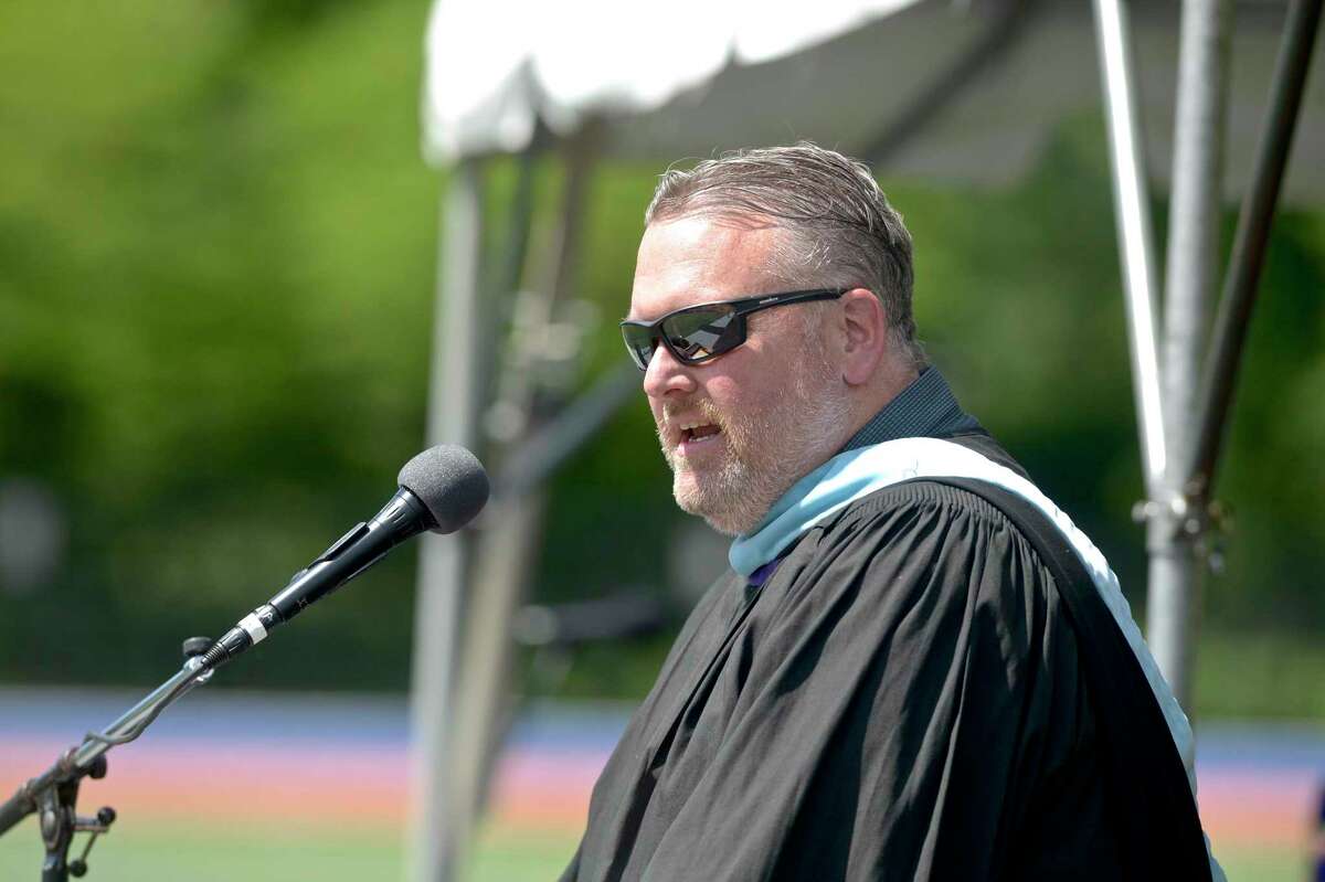 Principal Daniel Donovan speaks during the Danbury High School Class of 2021 Commencement Exercises. Thursday, June 10, 2021, at Danbury High School, Danbury, Conn. Fourteen science labs at the high school are planned to be upgraded.