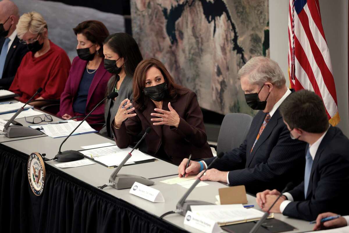 WASHINGTON, DC - DECEMBER 01: U.S. Vice President Kamala Harris (C) speaks during a meeting of the National Space Council meeting at the U.S. Institute of Peace December 1, 2021 in Washington, DC. During the event Harris announced a planned expansion of the organization charged with developing U.S. space policy. (Photo by Win McNamee/Getty Images)