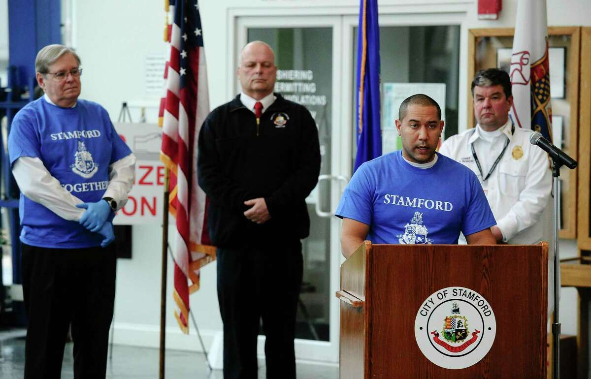 Matthew Quinones, then-president of Stamford Board of Representatives, speaks about a citywide volunteer program to help support the emergency response efforts related to the COVID-19 pandemic, during a press conference in the lobby of the Stamford Government Center on March 25, 2020 in Stamford, Connecticut.