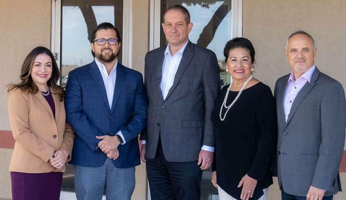 The San Antonio Hispanic Chamber of Commerce is relocating to Port San Antonio. From left, Chamber president and CEO Marina Gonzales, Chamber board chair elect JR Treviño, Port president and CEO Jim Perschbach, Port board chair Chris Alderete, and Port executive vice president for government affairs and Chamber board member Juan Antonio Flores.