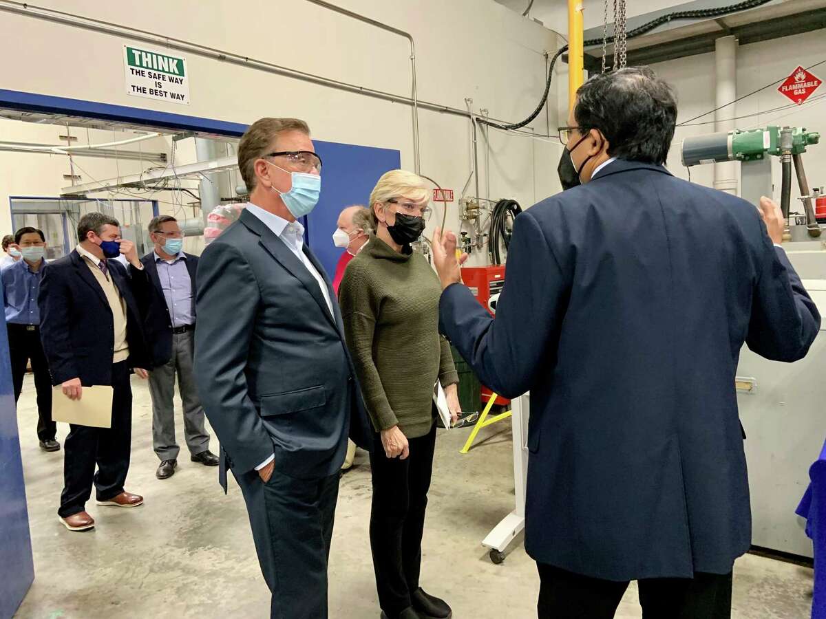 U.S. Secretary of Energy Jennifer M. Granholm and Gov. Ned Lamont take a tour of Precision Combustion in North Haven on Thursday, Dec. 2, 2021.