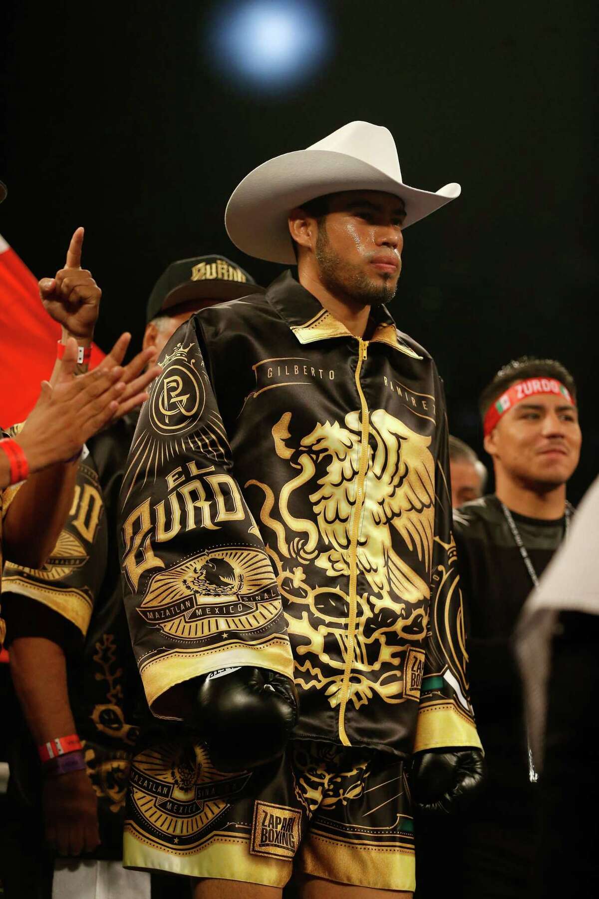 Gilberto Ramirez is introduced before his WBO super middleweight championship fight against Arthur Abraham on April 9, 2016 at MGM Grand Garden Arena in Las Vegas.