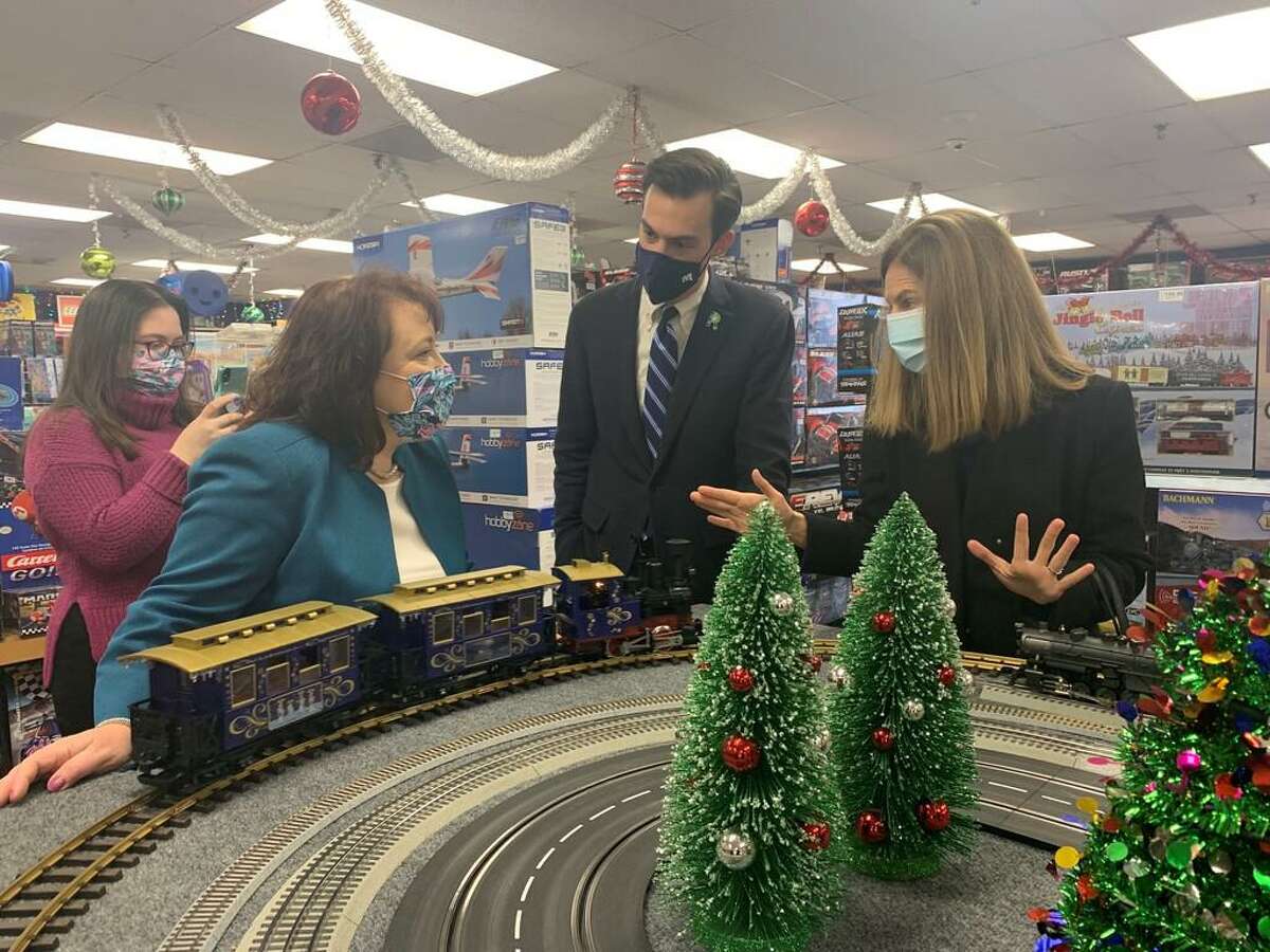 Lt. Gov. Susan Bysiewicz and Middletown Mayor Ben Florsheim spoke to Amato’s Toy and Hobby owner Diane Gervais Thursday morning during a downtown business tour.