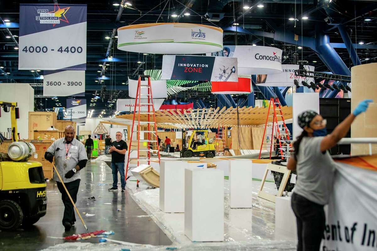 Setup continues for the World Petroleum Congress on Thursday, Dec. 2, 2021, at the George R. Brown Convention Center in Houston. The international meeting hasn’t been held in the United States since 1987 when it was held in Houston.