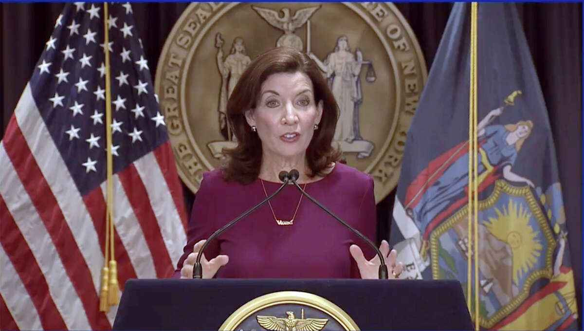 In this image from video provided by the New York Office of the Governor, New York Gov. Kathy Hochul speaks during a news briefing, in New York, Thursday, Dec. 2, 2021. Minnesota health officials on Thursday reported the state's first confirmed case of the omicron COVID-19 variant, in a man who had attended an anime conference in New York City in late November. (New York Office of the Governor via AP)