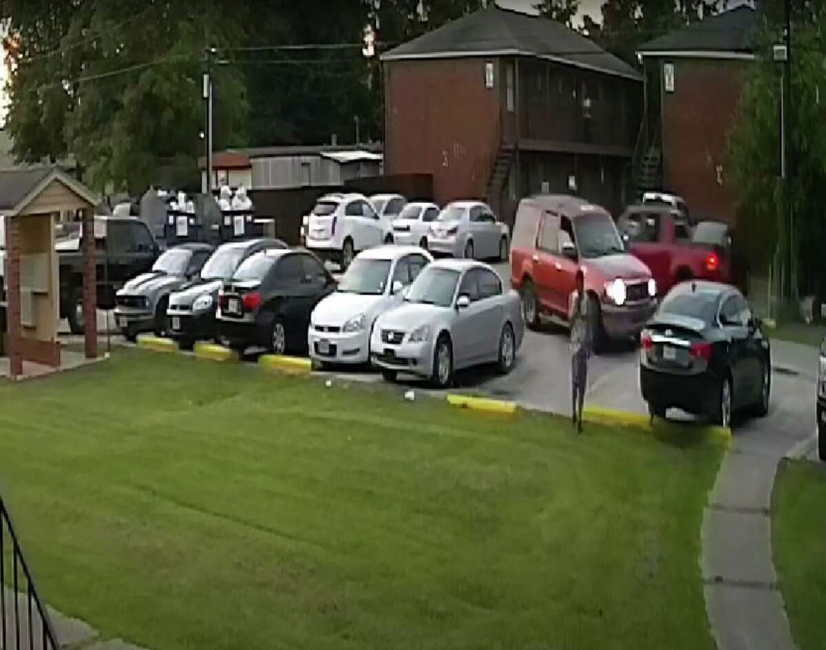 Harris County Sheriff's Office shared surveillance footage from the May 21, 2020, shooting in which Gabriel Ceron was killed. The Ford Expedition is pictured in the parking and Ceron can be seen stepping on the grass.