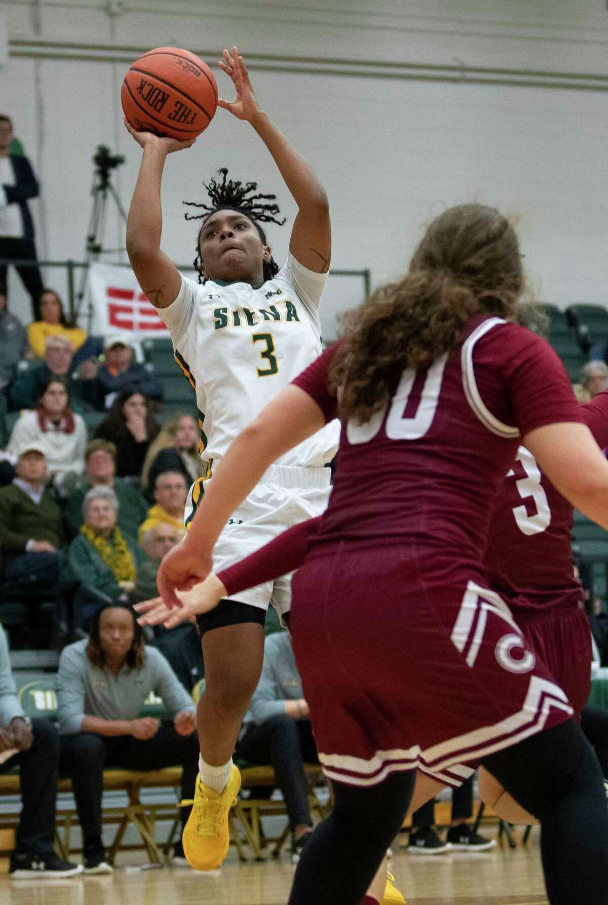 Siena’s Rayshel Brown takes a shot during a basketball game against Colgate at Siena College on Thursday, Dec. 2, 2021 in Loudonville, N.Y.