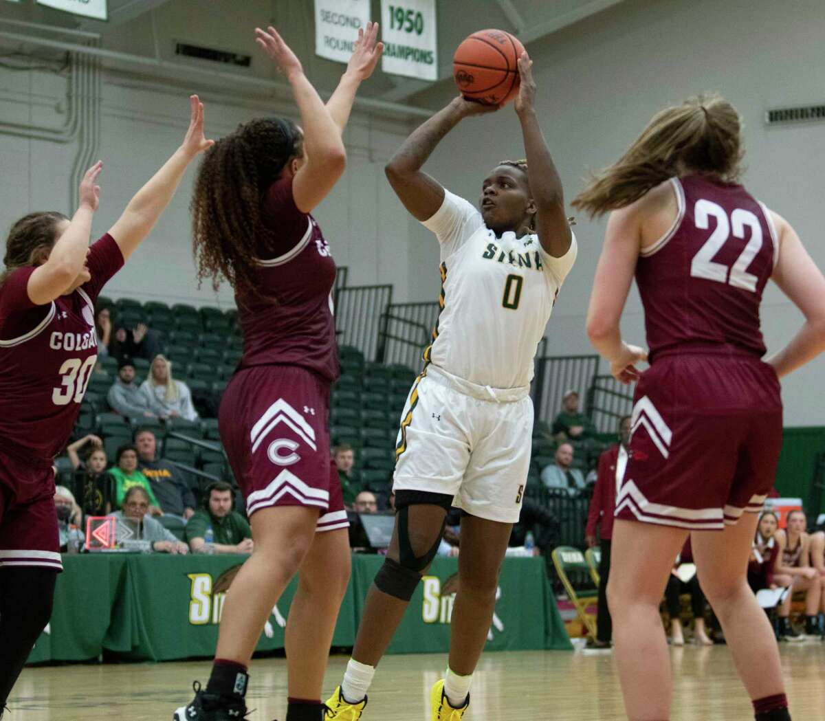 Siena’s Selena Philoxy, shown against Colgate earlier this season, had 15 points and 12 rebounds in a 68-51 loss to Quinnipiac on Jan. 8, 2022, in Loudonville.