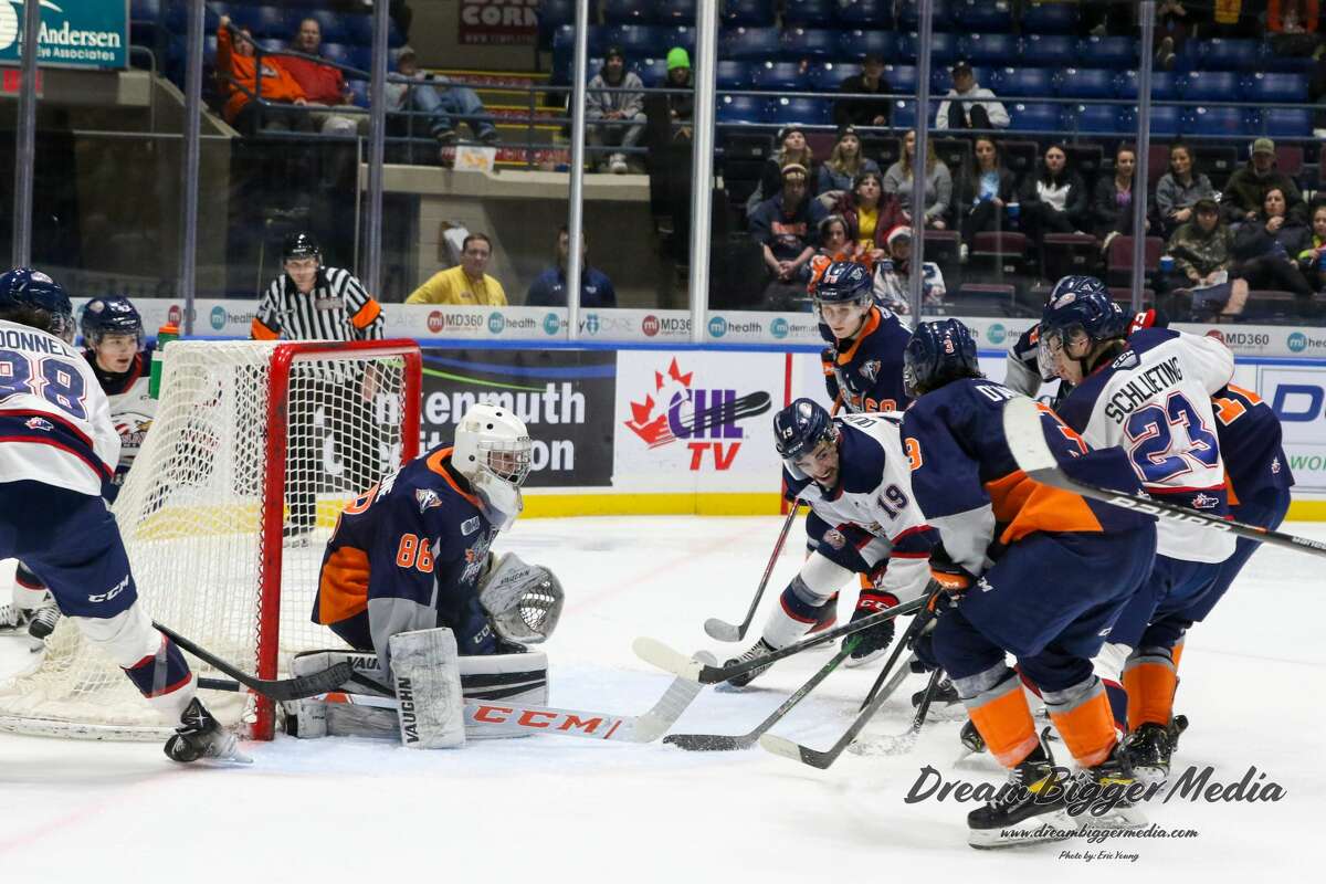 Flint goaltender Ian Michelone (88) stands strong against a late Saginaw Spirit charge, earning the shutout as the Saginaw Spirit faced the Flint Firebirds Thursday, Dec. 2.