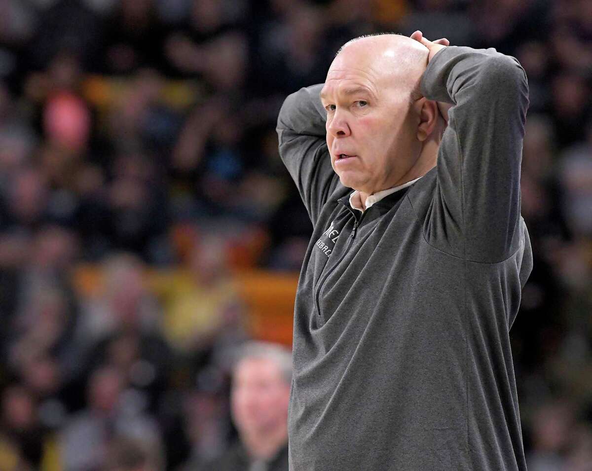 St. Mary's head coach Randy Bennett reacts after his team missed a three-point basket in the first half of an NCAA college basketball game against Utah State on Thursday, Dec. 2, 2021, in Logan, Utah. (Eli Lucero/Herald Journal via AP)