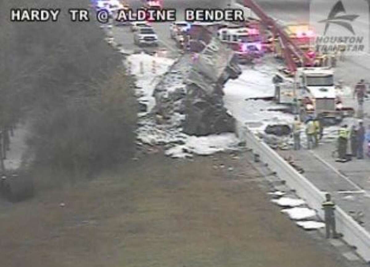 A commercial vehicle caught fire on the Hardy Toll Road near Aldine Bender on Friday, Dec. 3, 2021.  