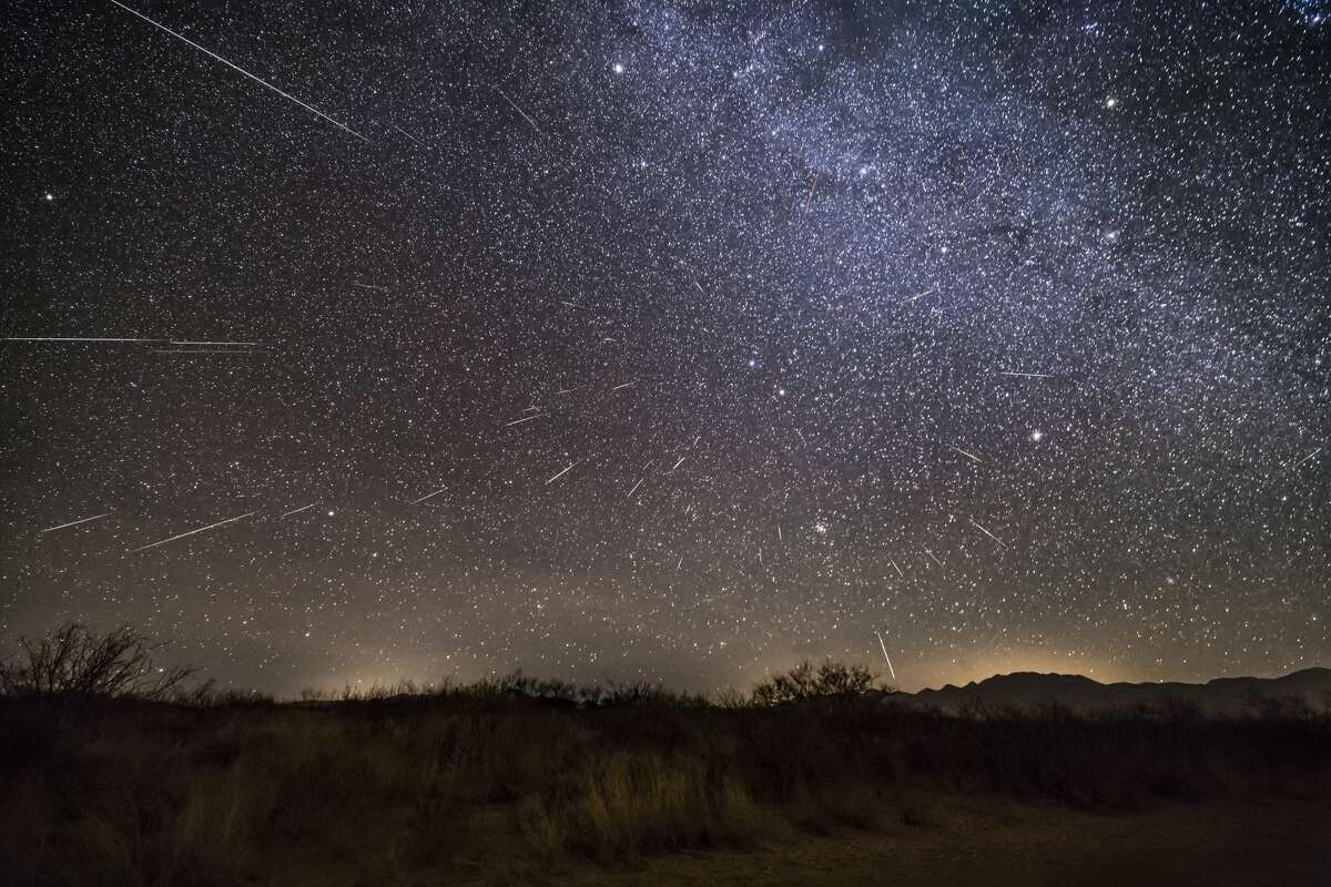 A composite of the 2017 Geminid meteor shower, from the peak night of Dec. 13, taken from southeast Arizona. Between Dec. 10 and 14, area residents can see a planetary and moon alignment, Comet Leonard and the Geminid meteor shower.
