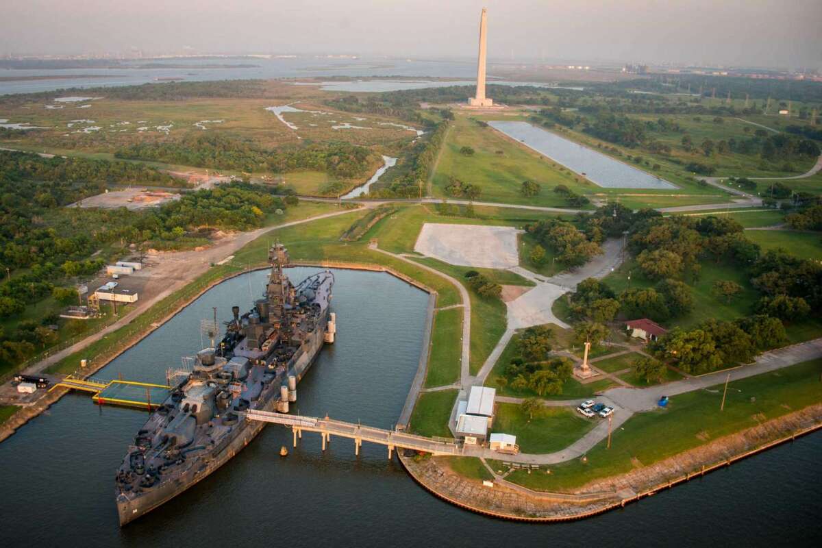 The Battleship Texas and the San Jacinto Monument seen on Friday, May 17, 2013, in Houston.
