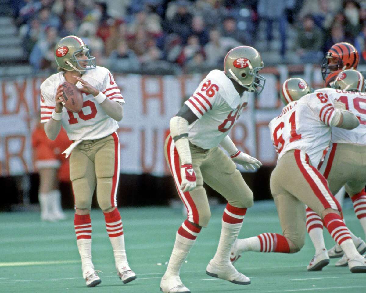 Quarterback Joe Montana (16) was 23 of 36 for 187 yards with two TD passes in the 49ers’ victory over Cincinnati.