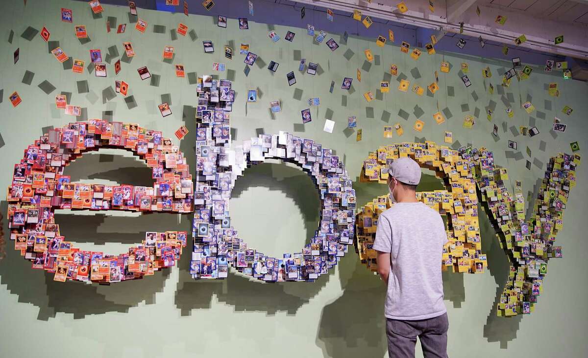 A three-dimensional eBay logo made from trading cards at the “hard to find” shop by eBay in Houston on Friday, Dec. 3, 2021. The pop-up shop, which features rare trading cards and comics, has different items in different cities across the U.S., will only be open until Dec. 4 in Houston.