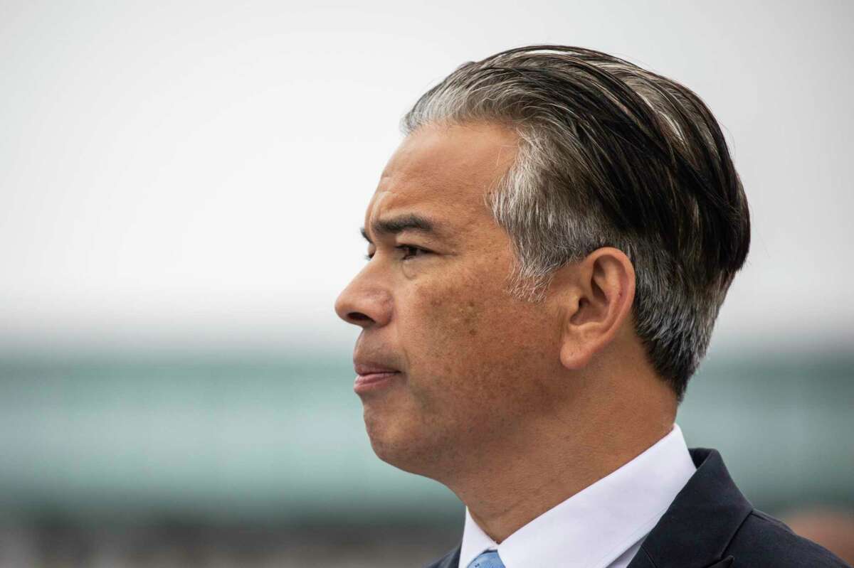 California Attorney General Rob Bonta speaks to members of the media announcing the sentencing of a group involved in an organized retail theft in Burlingame, Calif.