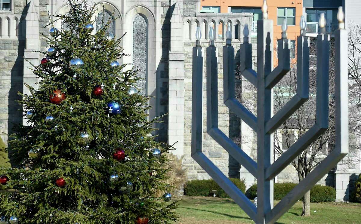 A holiday tree and Menorah display at Latham Park on Dec. 24, 2019 in Stamford.