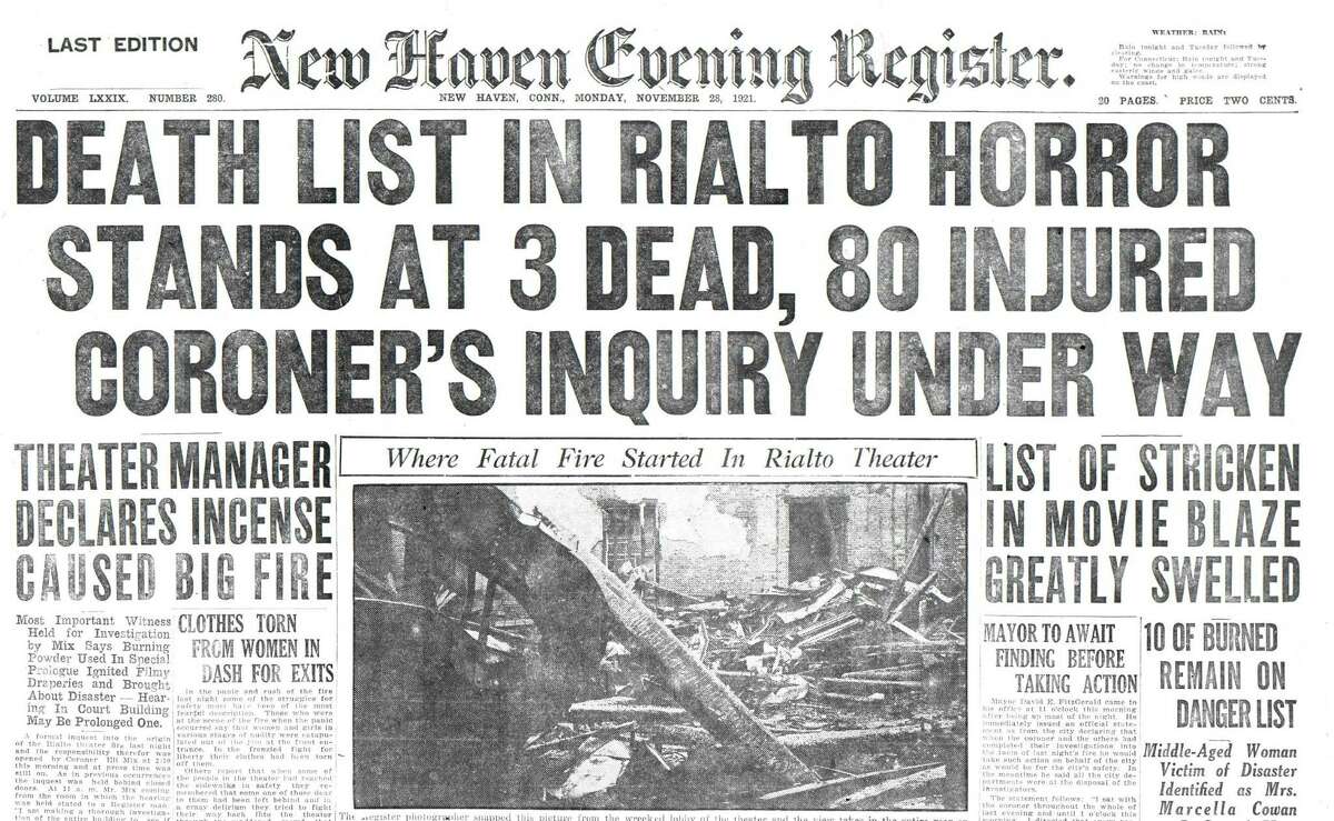 The front page of the New Haven Evening Register of Nov. 28, 1921, the day after the Rialto Theatre on College Street burned, killing nine and injuring about 80.