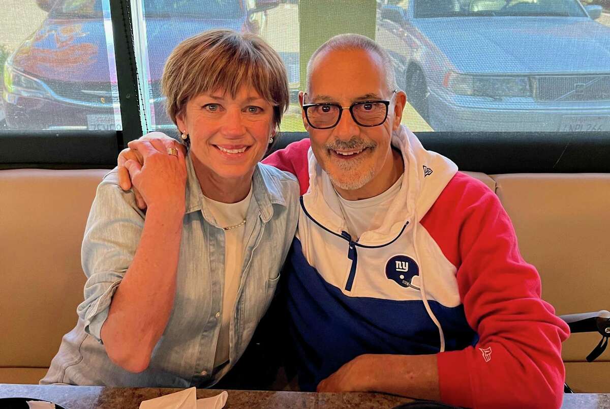 Dorothy Hamill, the Olympic gold medal winning figure skater, and Chris Geer ‘remembering the wonderful town of Greenwich and 65 years of friendship’ as they meet up on Sunday, Nov. 28, 2021, at Mario’s Early Toast restaurant in Roseville, Calif. The two are childhood friends who grew up in Riverside.