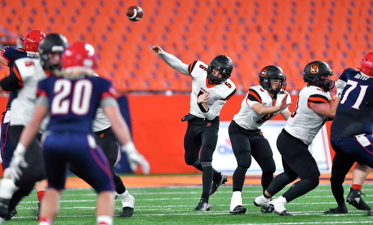 Schuylerville's Owen Sherman throws from the pocket during the NYSPHSAA Football Championships Class C final in Syracuse, N.Y., Friday, Dec. 3, 2021. Schuylerville lost to Chenango Forks 21-0. (Adrian Kraus / Special to the Times Union)
