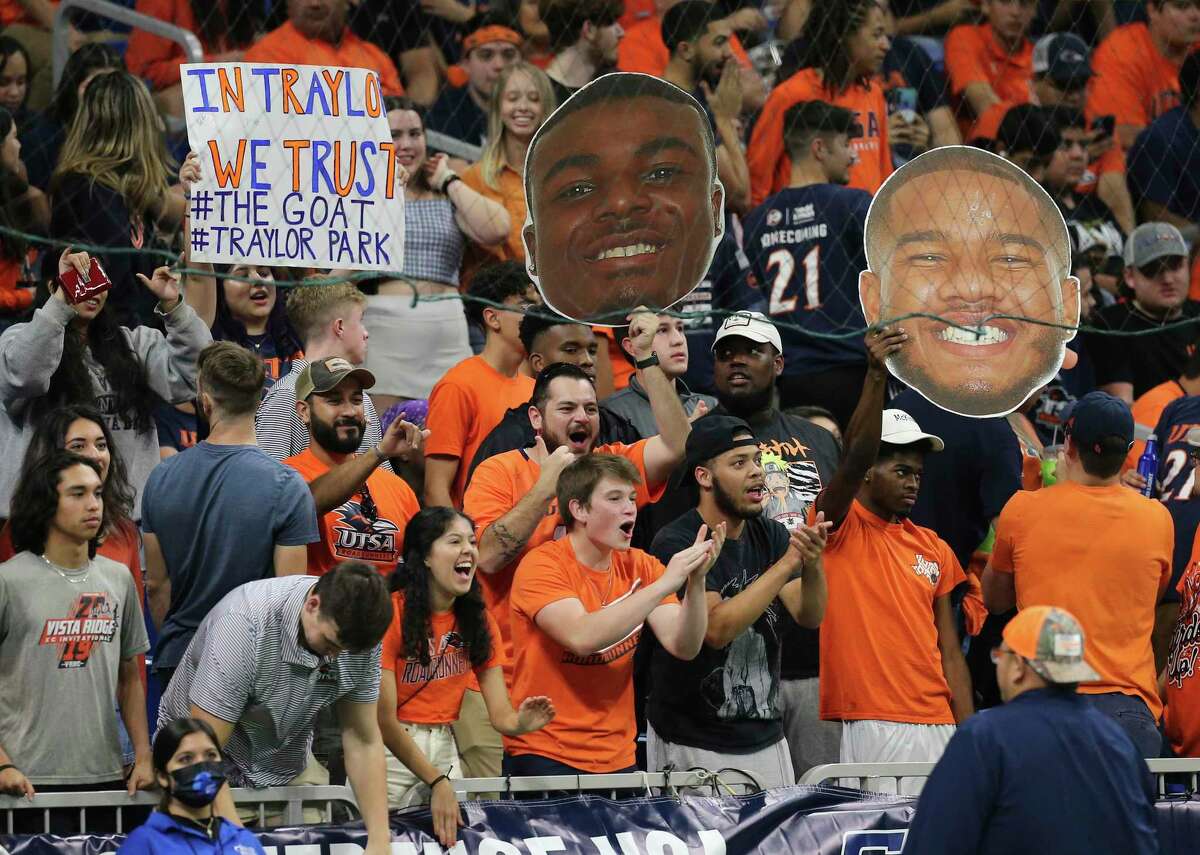 The UTSA student section cheers on the football team during the 2021 Conference USA championship game against Western Kentucky on Friday, Dec. 3, 2021, at the Alamodome.  