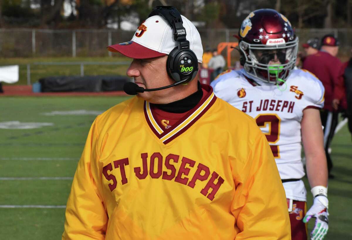 St. Joseph coach Joe DellaVecchia on the sidelines during the Rumble in Trumbull rivalry football game between Trumbull and St. Joseph at McDougall Stadium Trumbull on Thursday, Nov. 25, 2021.