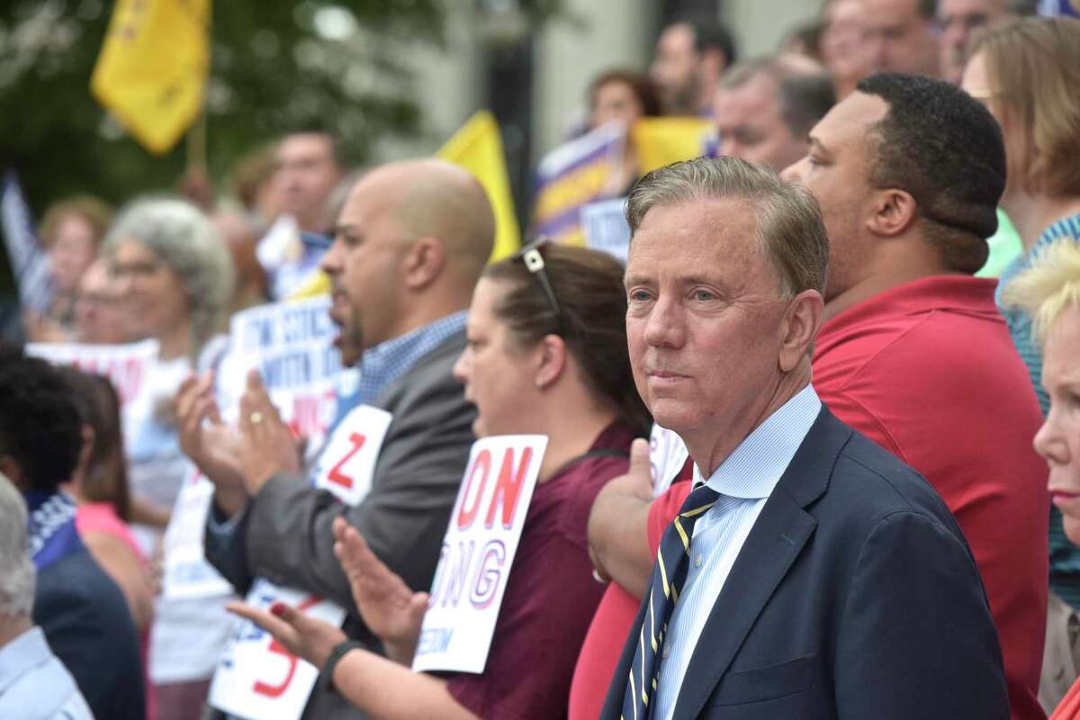Ned Lamont attended a press conference by workers and labor leaders on the steps of the Connecticut Supreme Court in June 2018.