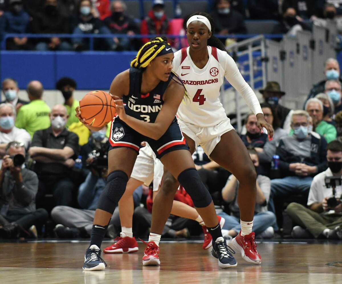UConn's Aaliyah Edwards (3) plays in UConn's season-opening 95-80 win over Arkansas in the NCAA women's basketball game at the XL Center in Hartford, Conn. Sunday, Nov. 14, 2021.