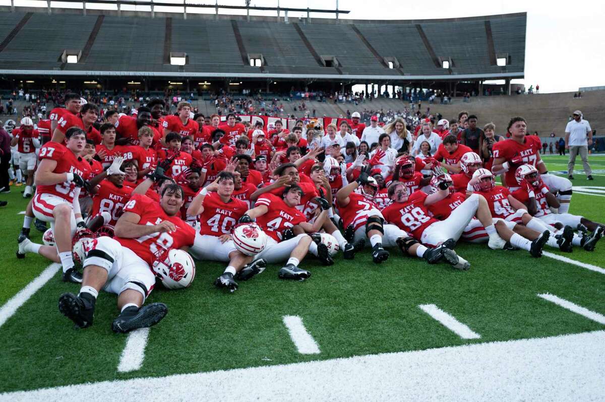 The Katy football team after winning the Region III-6A Division II championship game against Summer Creek Saturday, Dec. 4, 2021, at Rice Stadium in Houston.