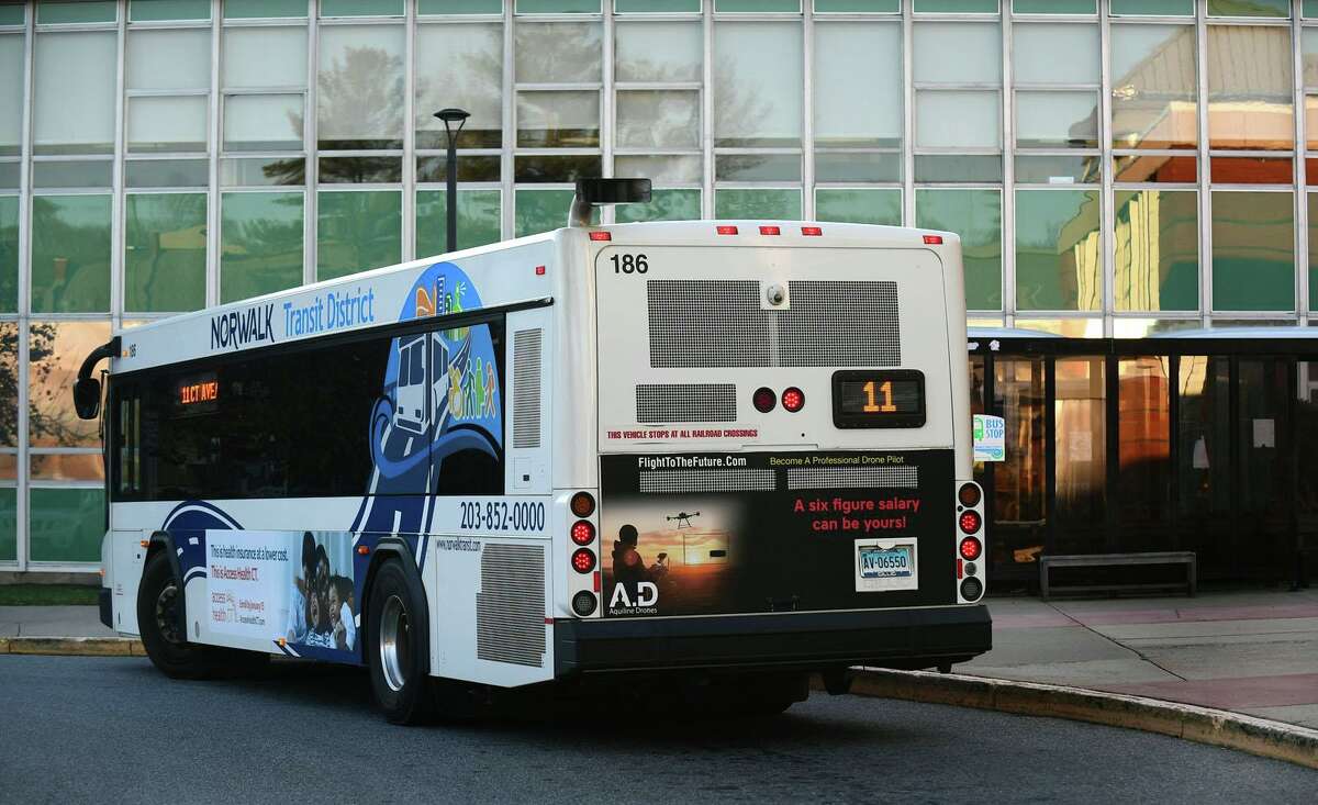 A Norwalk Transit bus arriving at Norwalk Community College Friday, December 3, 2021, in Norwalk, Conn.