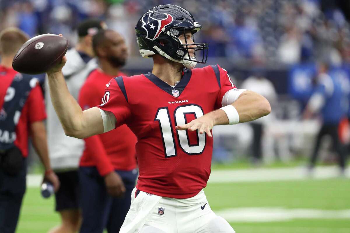 Houston Texans quarterback Davis Mills warms up before an NFL football game against the Indianapolis Colts Sunday, Dec. 5, 2021 in Houston.
