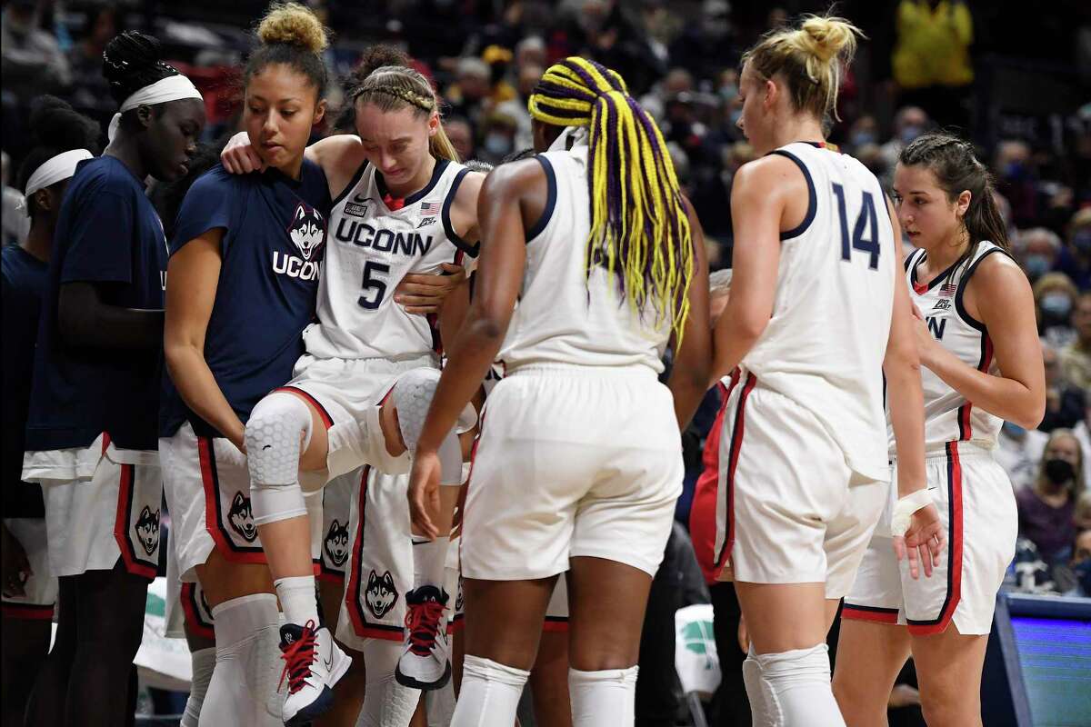 UConn’s Paige Bueckers (5) had surgery Monday to repair an anterior tibial plateau fracture and lateral meniscus tear. She was injured in a game against Notre Dame on Dec. 5 in Storrs.