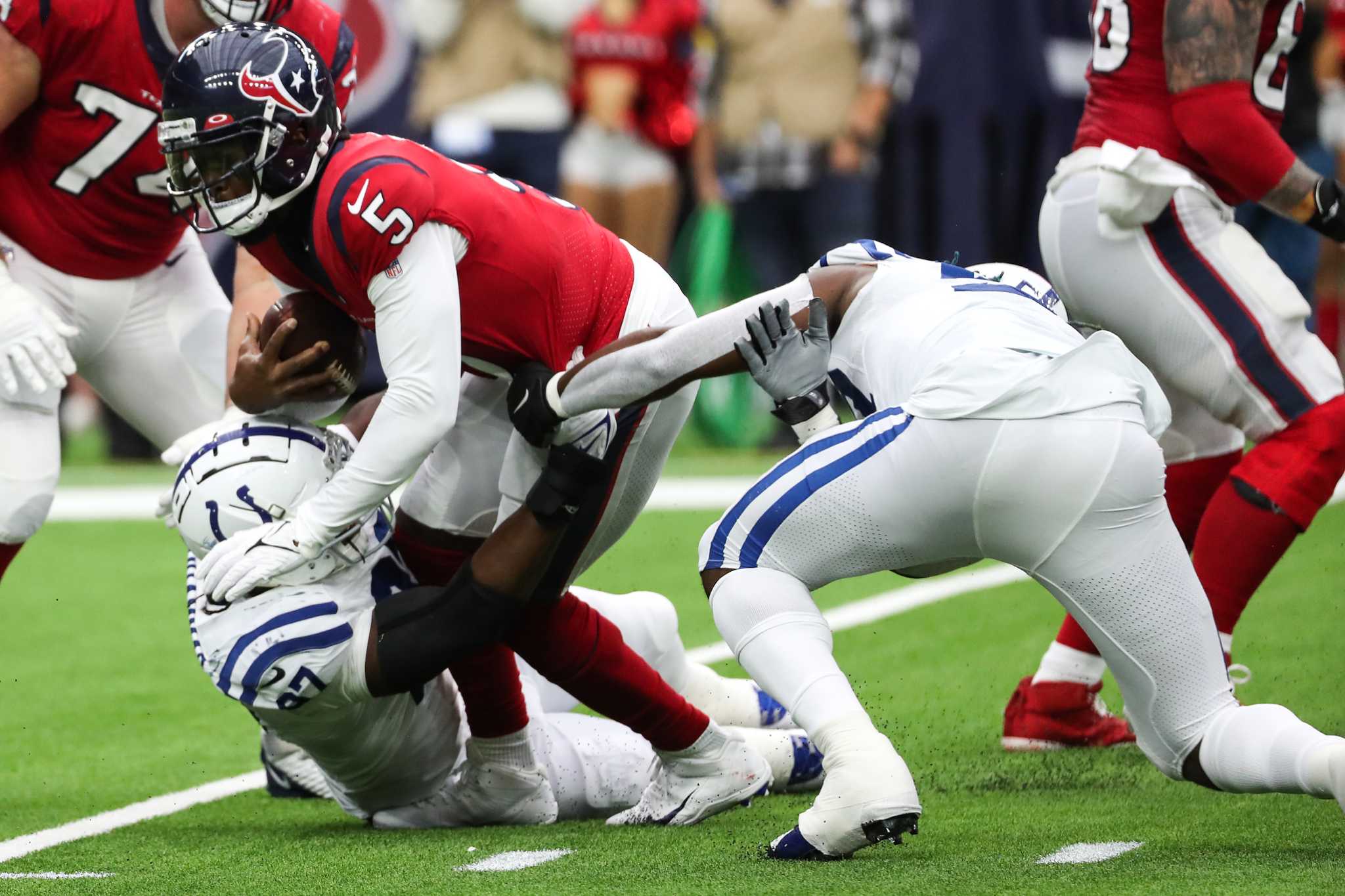 Indianapolis Colts defensive end Al-Quadin Muhammad (97) tackles