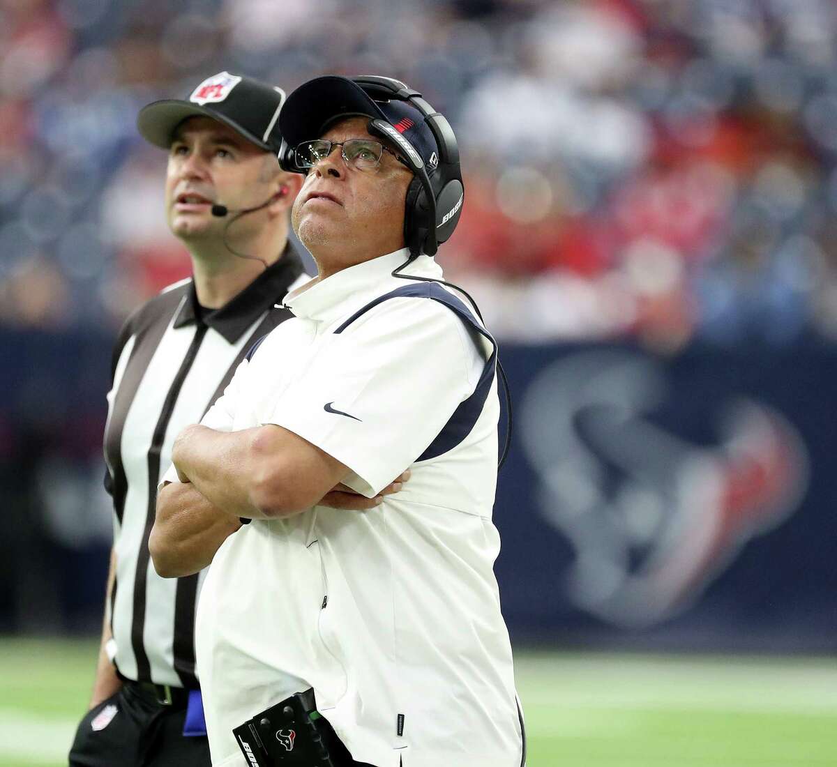 Houston Texans head coach David Culley looks up at the scoreboard during the first half of an NFL football game at NRG Stadium, Sunday, Dec. 5, 2021 in Houston.