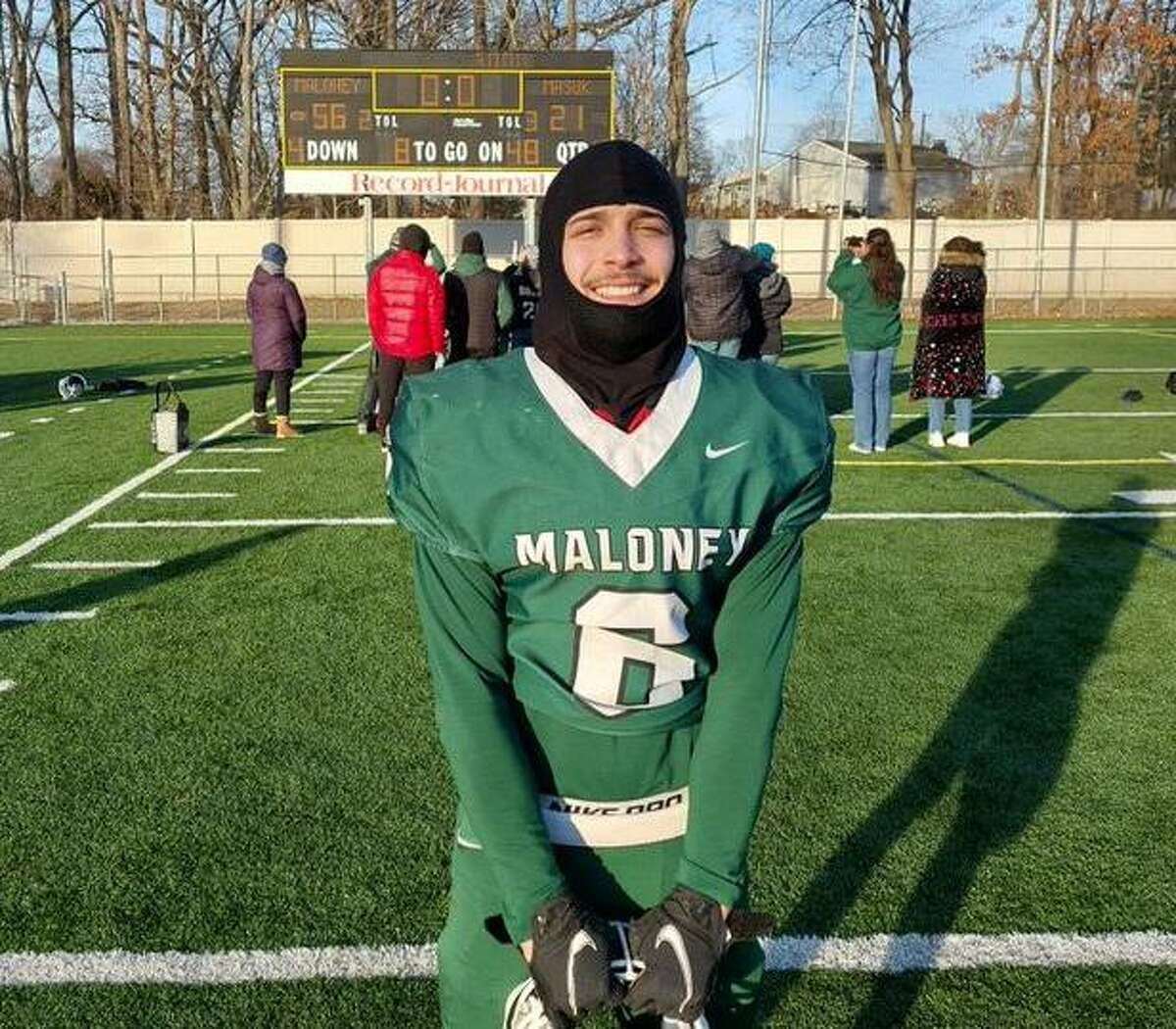 Joziah Gonzalez had two receiving touchdowns and another on a punt return to lead Maloney to 56-14 win over Masuk in Class L semifinal game.