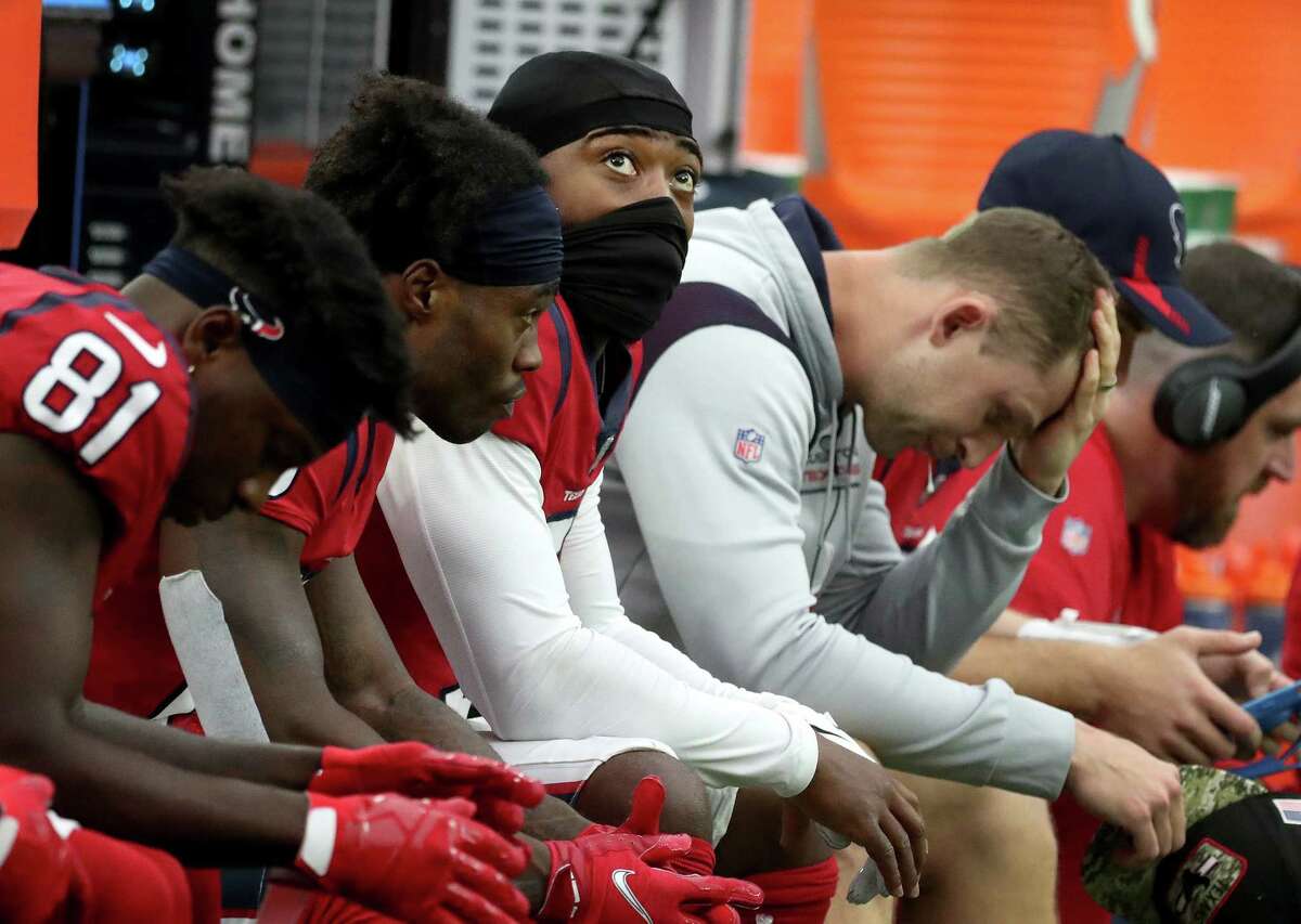 Houston Texans quarterback Tyrod Taylor (5) on the bench during the second half of an NFL football game at NRG Stadium, Sunday, Dec. 5, 2021 in Houston.
