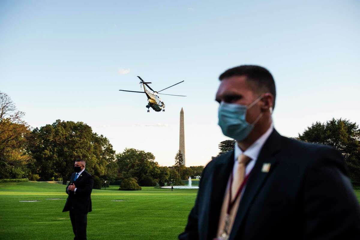 Marine One, carrying Trump, departs the South Lawn of the White House on Oct. 2, 2020, en route to Walter Reed National Military Medical Center for Trump to receive treatment for covid-19.