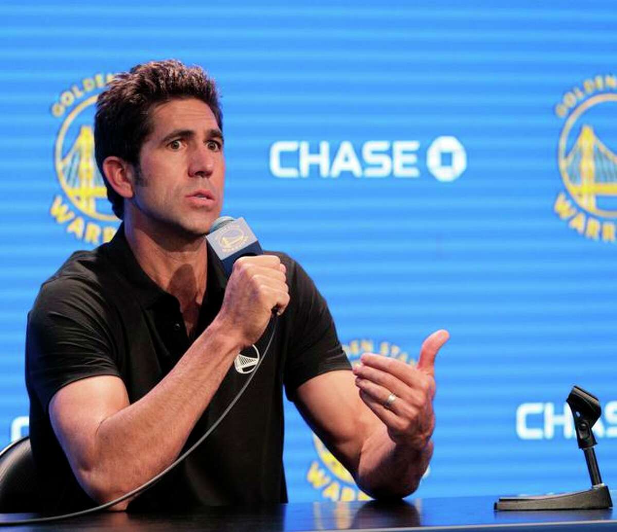 Warriors General Manager Bob Myers answers questions from reporters as the Golden State Warriors held their media day for the 2021-22 season at Chase Center in San Francisco, Calif., on Monday, September 27, 2021.