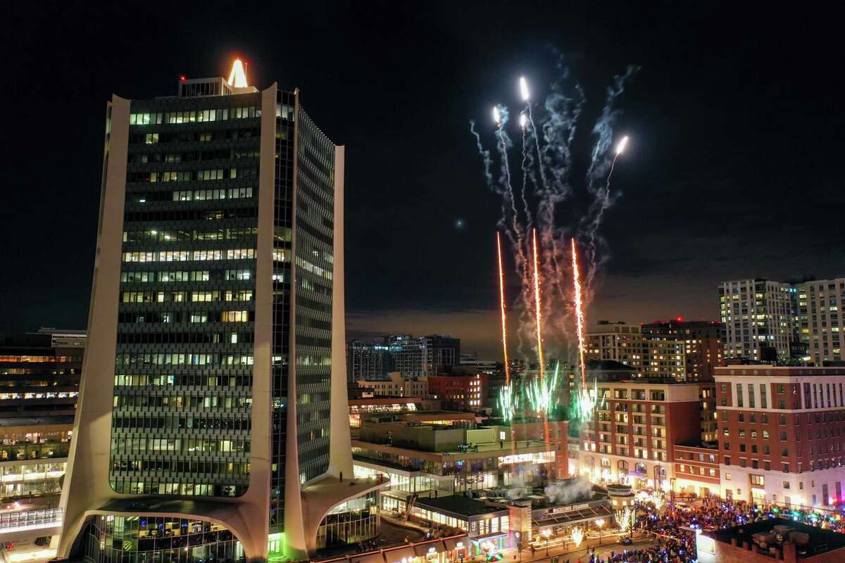 A drone view of the fireworks display during Stamford’s annual Heights and Lights spectacular.