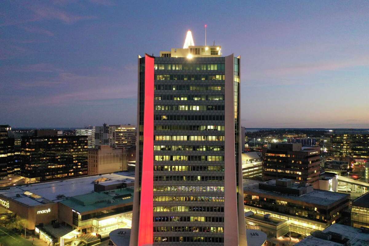 A drone view as Santa and friends took a traditional leap off the tallest building in Stamford Sunday, rappelling down the Landmark Building.
