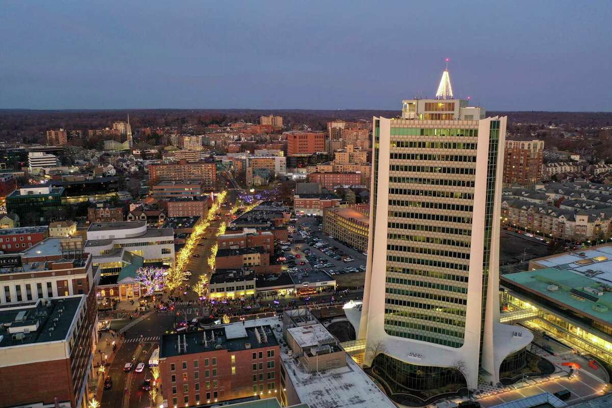 A drone view as Santa and friends took a traditional leap off the tallest building in Stamford Sunday, rappelling down the Landmark Building.