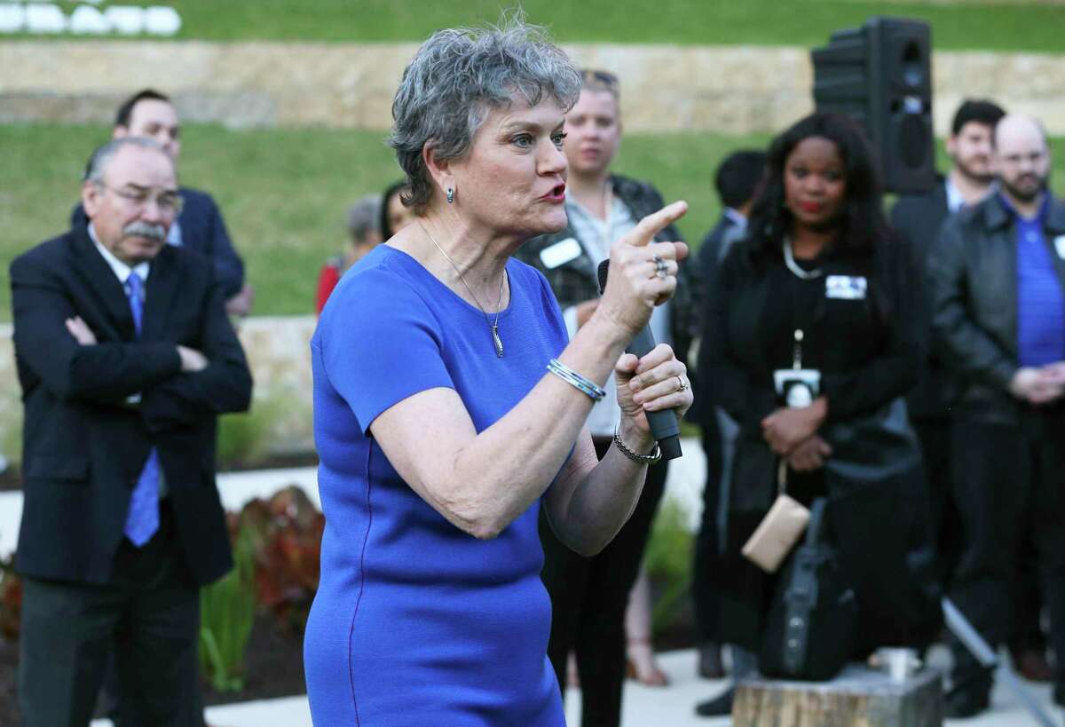 Kim Olson, a then-candidate for Texas agriculture commissioner, speaks to Democratic Party officials and other candidates at a fundraising reception on April 14, 2018.