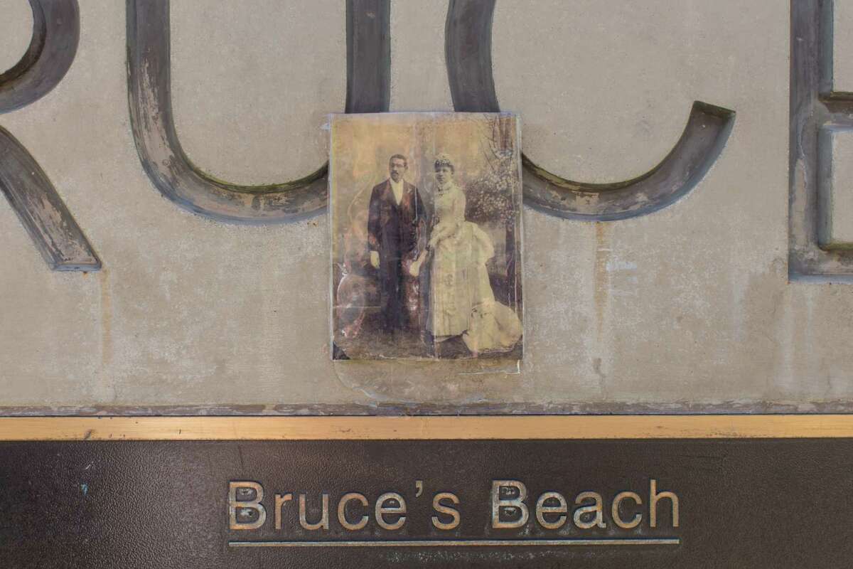 Charles and Willa Bruce on the plaque at Bruce's Beach.
