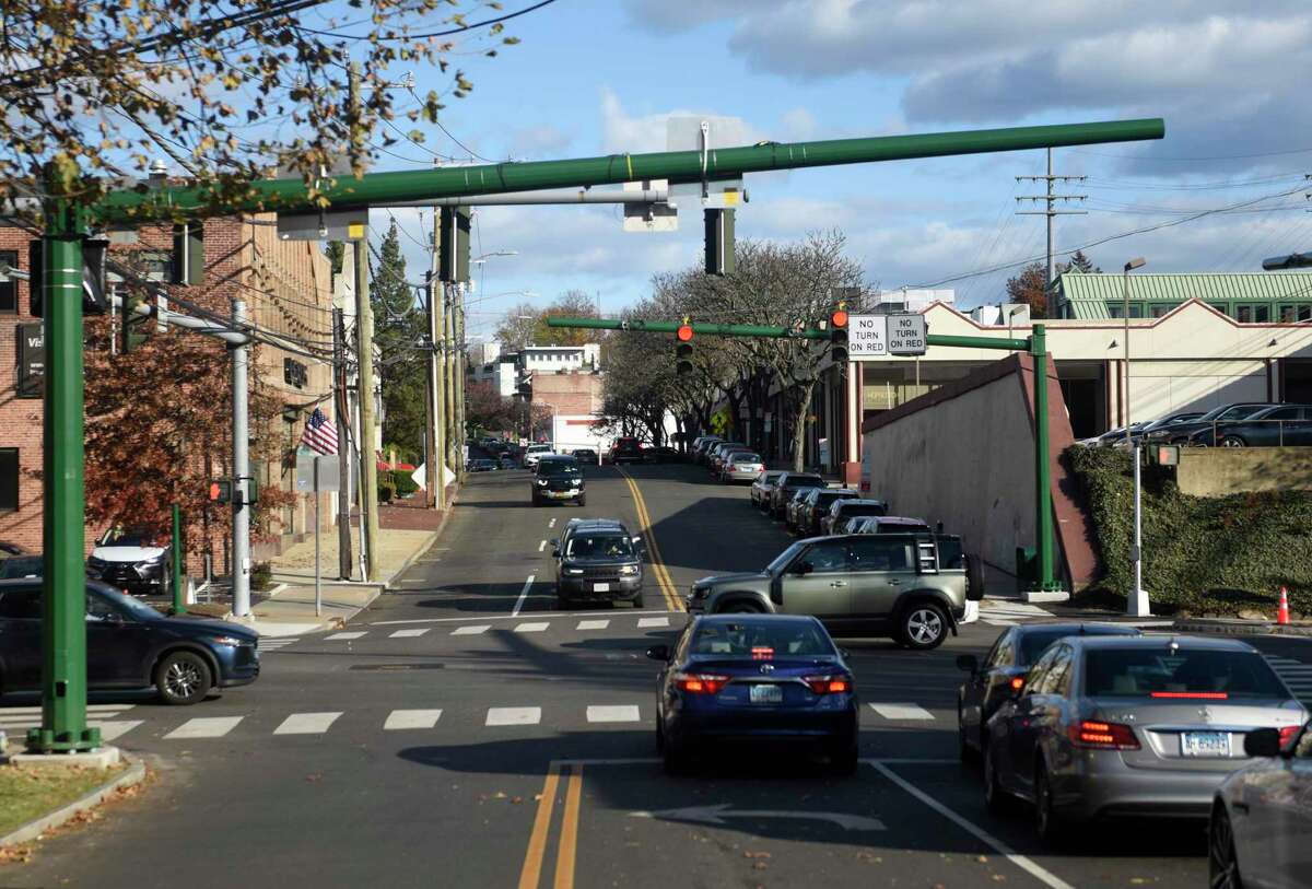 New traffic signals are being installed at the intersection of Arch Street and Railroad Avenue off Exit 3 in Greenwich, Conn. Tuesday, Nov. 23, 2021.