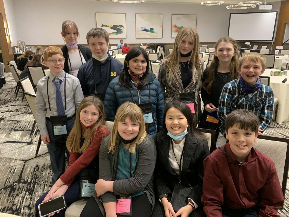 A group of Manistee Middle School students participated in a Youth in Government conference in Lansing last month. Pictured are (front row, left to right) Abigail Harvey, Emma Monroe, Clear Wang and Jaxon Schmidt; and (standing, left to right) Nathan Erlandson, Faith Ferguson, Darien Bromley, Joselyn Pontiac, Bella Sorenson, Kayleigh Moore and Nolan Freeman.