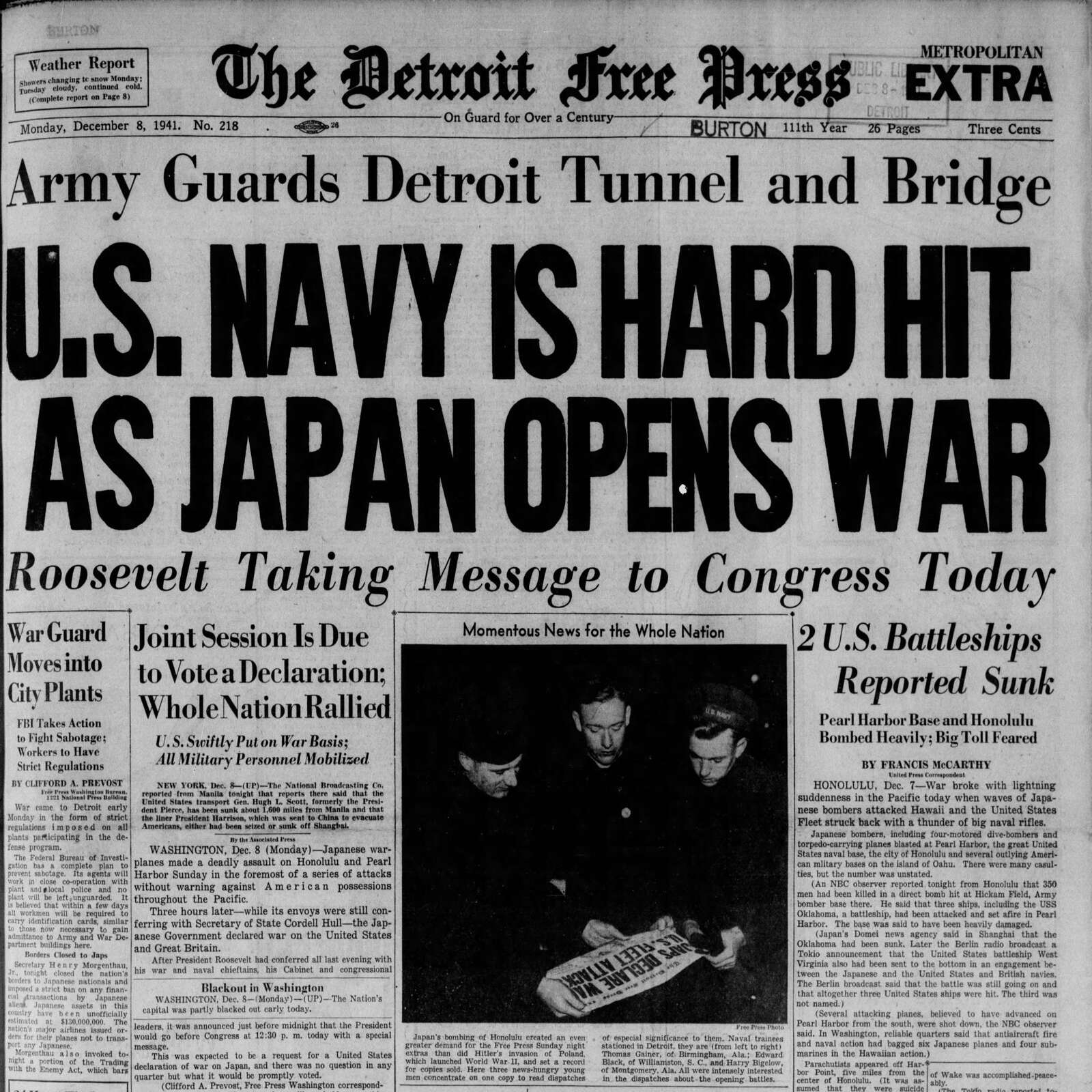 The Detroit Free Press front page from December 8, 1941.
